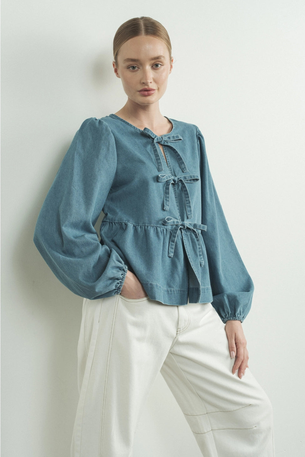 Denim Bow Tie Blouse